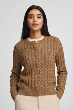 Polo Club Pulls*Cardigan camel chiné en maille tressée et broderie Rigby Go Caramel Chiné