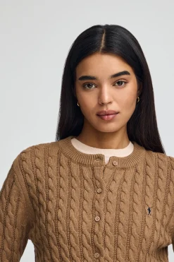 Polo Club Pulls*Cardigan camel chiné en maille tressée et broderie Rigby Go Caramel Chiné