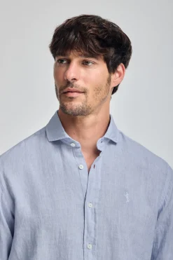 Polo Club Chemises*Chemise bleu en lin garment dye avec une broderie Rigby Go Bleu Ciel