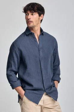 Polo Club Chemises*Chemise en lin garment dye avec monogramme brodé Bleu Marine