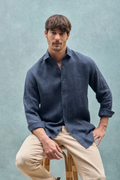 Polo Club Chemises*Chemise en lin garment dye avec monogramme brodé Bleu Marine