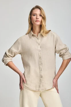 Polo Club Chemises*Chemise couleur jaune en lin garnment dye avec monogramme brodé Sable