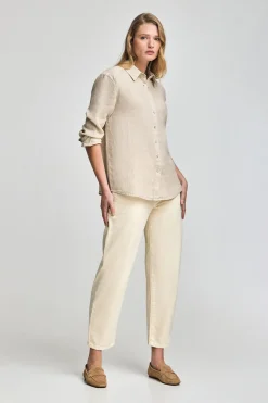 Polo Club Chemises*Chemise couleur jaune en lin garnment dye avec monogramme brodé Sable