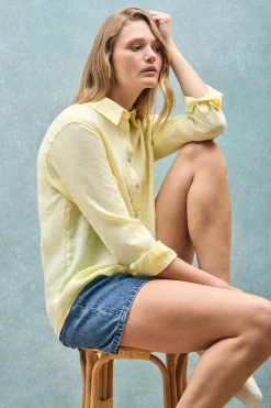Polo Club Chemises*Chemise jaune en lin garnment dye avec monogramme brodé Jaune tendre