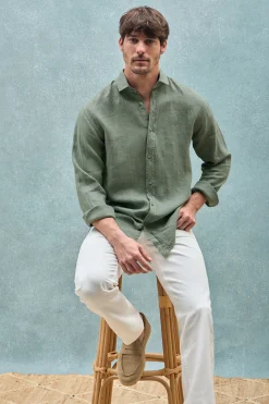 Polo Club Chemises*Chemise en lin garment dye avec monogramme brodé Vert Bouteille