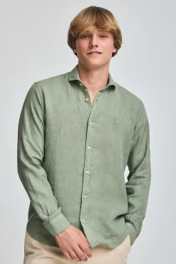 Polo Club Chemises*Chemise vert kaki en lin garment dye avec une broderie Rigby Go Vert militaire