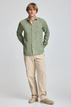 Polo Club Chemises*Chemise vert kaki en lin garment dye avec une broderie Rigby Go Vert militaire