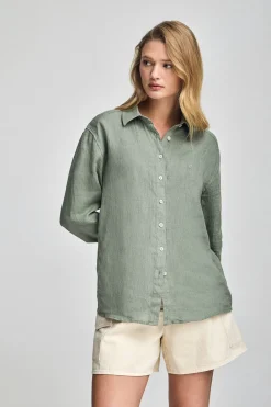 Polo Club Chemises*Chemise vert kaki en lin garnment dye avec monogramme brodé Vert militaire