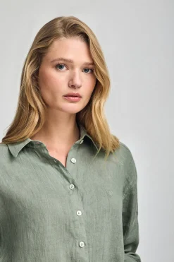 Polo Club Chemises*Chemise vert kaki en lin garnment dye avec monogramme brodé Vert militaire