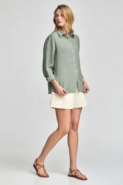 Polo Club Chemises*Chemise vert kaki en lin garnment dye avec monogramme brodé Vert militaire