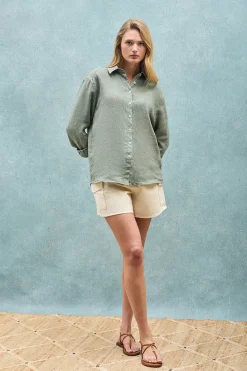 Polo Club Chemises*Chemise vert kaki en lin garnment dye avec monogramme brodé Vert militaire