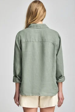 Polo Club Chemises*Chemise vert kaki en lin garnment dye avec monogramme brodé Vert militaire