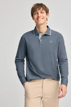 Polo Club Polos*Polo bleu à manches longues et deux boutons avec écusson griffé Denim