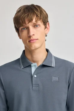 Polo Club Polos*Polo bleu à manches longues et deux boutons avec écusson griffé Denim