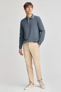 Polo Club Polos*Polo bleu à manches longues et deux boutons avec écusson griffé Denim
