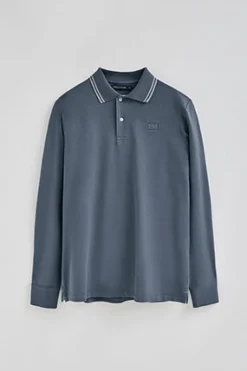 Polo Club Polos*Polo bleu à manches longues et deux boutons avec écusson griffé Denim