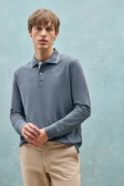 Polo Club Polos*Polo bleu à manches longues et deux boutons avec écusson griffé Denim