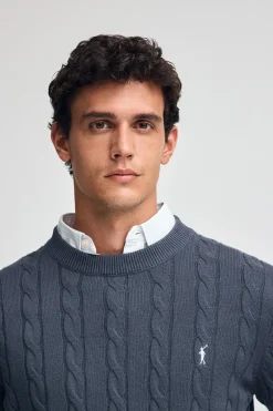 Polo Club Pulls*Pull bleu en maille tressée en laine mélangée avec broderie Rigby Go Denim