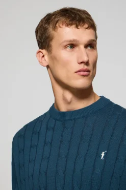 Polo Club Pulls*Pull bleu en maille tressée à col ras du cou et broderie Rigby Go Denim