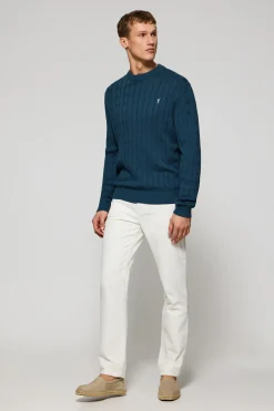 Polo Club Pulls*Pull bleu en maille tressée à col ras du cou et broderie Rigby Go Denim