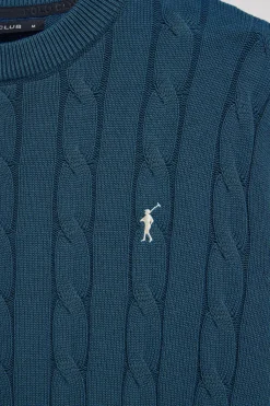 Polo Club Pulls*Pull bleu en maille tressée à col ras du cou et broderie Rigby Go Denim