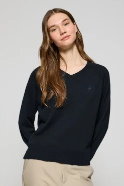 Polo Club Pulls*Pull à col en V en coton et en lin avec un monogramme brodé Bleu Marine