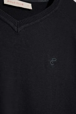 Polo Club Pulls*Pull à col en V en coton et en lin avec un monogramme brodé Bleu Marine