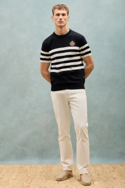 Polo Club T-Shirts|Pulls*Pull à manches courtes rayé avec blason nautique Bleu Marine