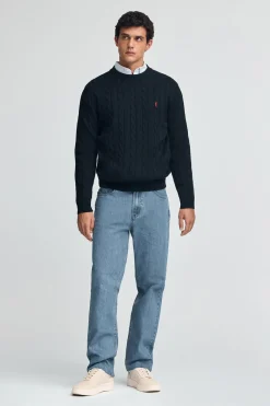 Polo Club Pulls*Pull en maille tressée en laine mélangée avec broderie Rigby Go Bleu Marine