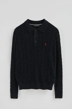 Polo Club Pulls*Pull en maille tressée en laine mélangée avec col polo et broderie Rigby Go Bleu Marine
