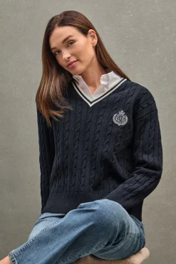 Polo Club Pulls*Pull tressé à col en V avec écusson nautique Bleu Marine