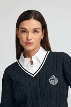 Polo Club Pulls*Pull tressé à col en V avec écusson nautique Bleu Marine