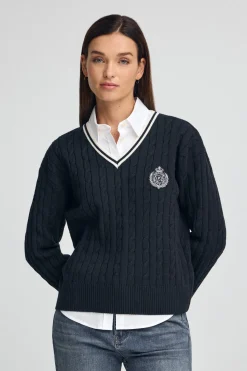 Polo Club Pulls*Pull tressé à col en V avec écusson nautique Bleu Marine