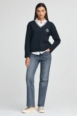 Polo Club Pulls*Pull tressé à col en V avec écusson nautique Bleu Marine