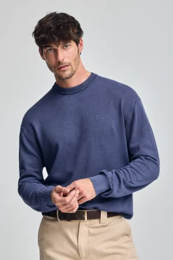 Polo Club Pulls*Pull bleu garment dye à col ras du cou et logo brodé Bleu Violet