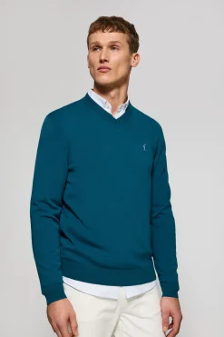 Polo Club Pulls*Pull bleu-vert en maille à col en V et broderie Rigby Go Vert Bleuâtre