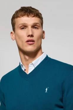 Polo Club Pulls*Pull bleu-vert en maille à col en V et broderie Rigby Go Vert Bleuâtre