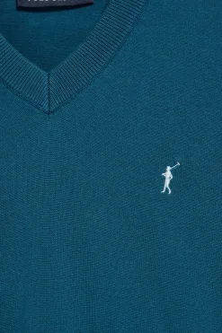 Polo Club Pulls*Pull bleu-vert en maille à col en V et broderie Rigby Go Vert Bleuâtre