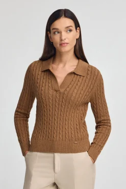 Polo Club Pulls*Pull camel chiné en maille tressée avec col polo Caramel Chiné