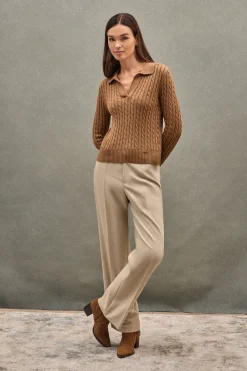Polo Club Pulls*Pull camel chiné en maille tressée avec col polo Caramel Chiné