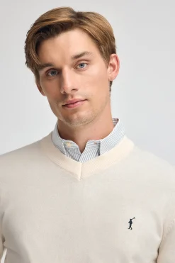 Polo Club Pulls*Pull écru à col en V en laine mélangée avec broderie Rigby Go Beige