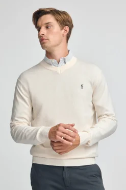 Polo Club Pulls*Pull écru à col en V en laine mélangée avec broderie Rigby Go Beige