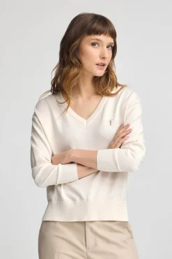 Polo Club Pulls*Pull écru à col V en laine mélangée et broderie Rigby Go Beige