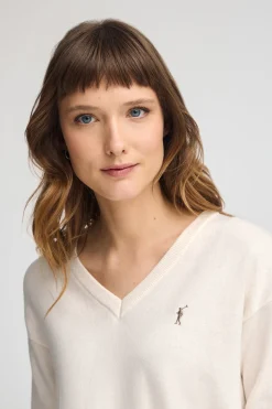 Polo Club Pulls*Pull écru à col V en laine mélangée et broderie Rigby Go Beige