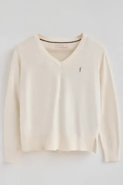 Polo Club Pulls*Pull écru à col V en laine mélangée et broderie Rigby Go Beige