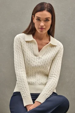 Polo Club Pulls*Pull écru en maille tressée avec col polo Beige