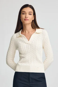 Polo Club Pulls*Pull écru en maille tressée avec col polo Beige