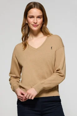 Polo Club Pulls*Pull en maille à col en V couleur caramel, avec logo Rigby Go brodé Caramelo Vigoré
