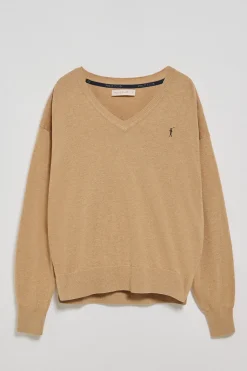 Polo Club Pulls*Pull en maille à col en V couleur caramel, avec logo Rigby Go brodé Caramelo Vigoré