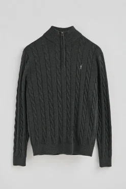 Polo Club Pulls*Pull gris foncé chiné en maille tressée en laine mélangée avec fermeture éclair partielle et broderie Rigby Go Vigoré Gris Foncé